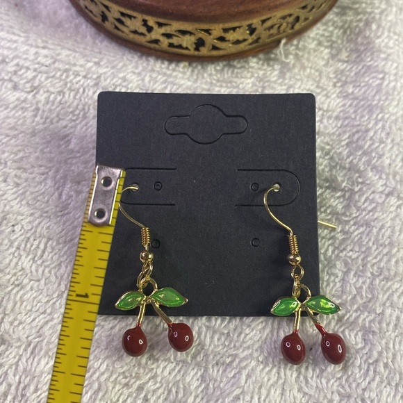Cherry Drop Earrings in Red and Gold Fish Hooks - Picture 4 of 5